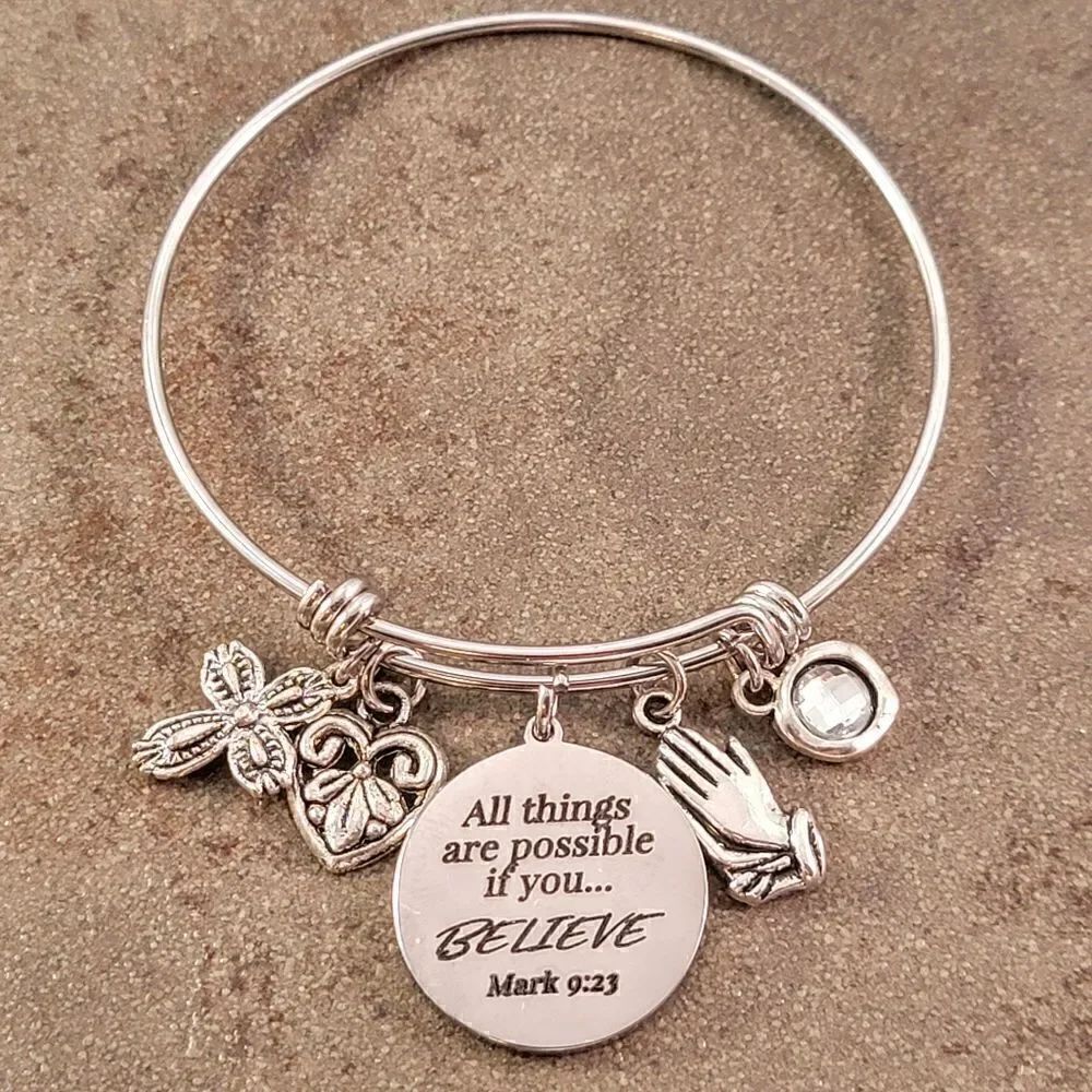 Expandable Believe All Things Are Possible Saying Charm Bracelet
